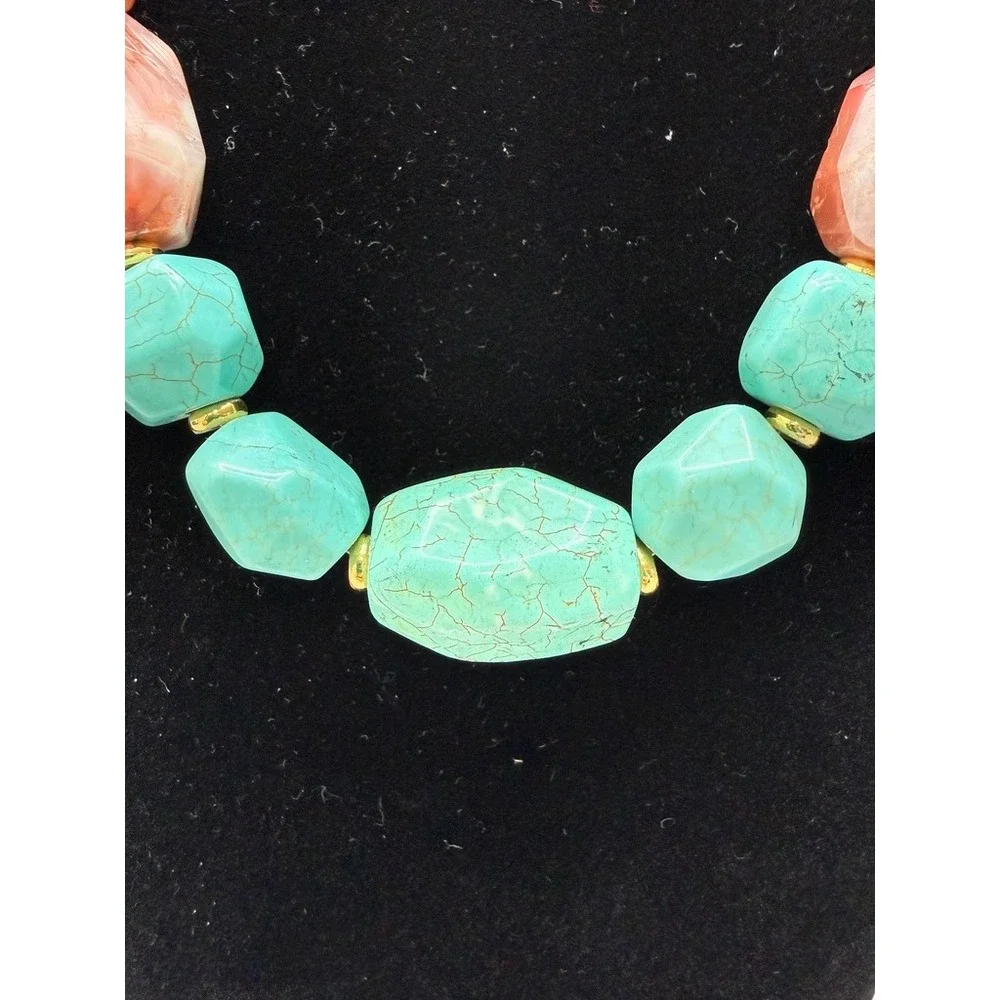 Beaded Necklace 18" Apricot Agate Turquoise Dyed Howlite Colorful Stones Heavy - Picture 6 of 12